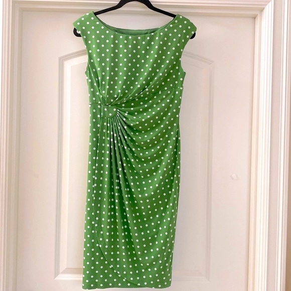 connected apparel Dresses & Skirts - Faux Wrap Dress Women’s 6 Kelly Green/White polka dot Ruched stretchy Career
